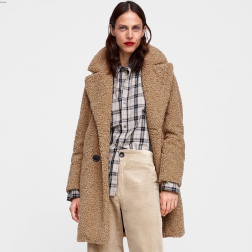 Zara Camel Double-Breasted Teddy Coat Blogger Favorite Size Large